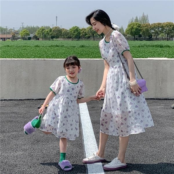 

family matching outfits mom and daughter chiffon dress same mama and baby matching clothes women's summer dresses girls princess short, Blue