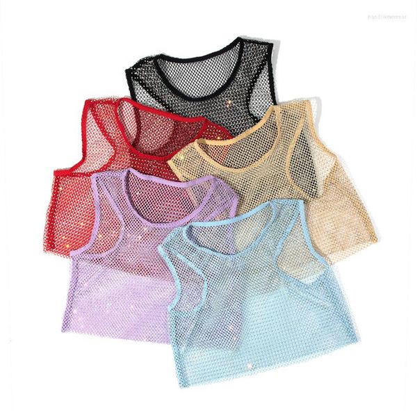 

crystal diamond mesh for women small vest round collar shirt tank fishnet slim fit cropped navel short summer girls, White