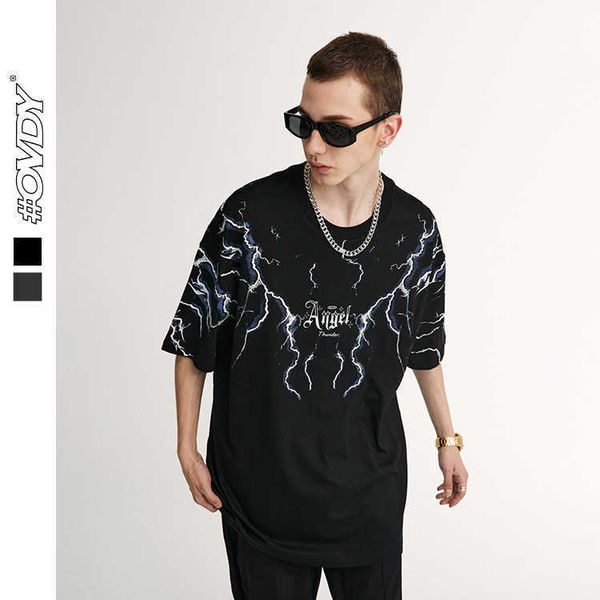 

men's t-shirt wxwovdy men's spring and summer new fashion brand personality creative lightning printing casual loose short sleeve, White;black