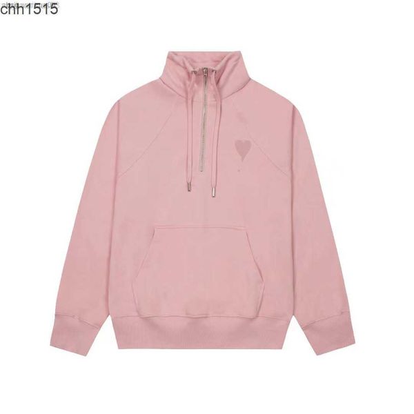 

ceiling quality amis 2023 autumn love embroidery men's and women's stand collar semi zipper sweater, Black