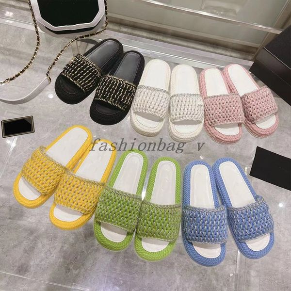 

designer slippers honey sandals women shoes platform slipper luxury chain knit straw breathable open toe slides ladies non-slip beach flip f, Black