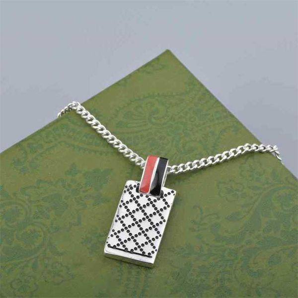

necklace 2023 new rectangular rhombic checkered necklace drop glue red black color pendant couple clavicle sweater chain, Silver