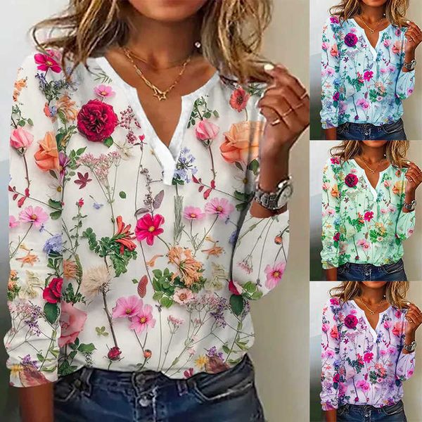 

2023 summer trendy print v-neck long-sleeved t-shirt for women, White