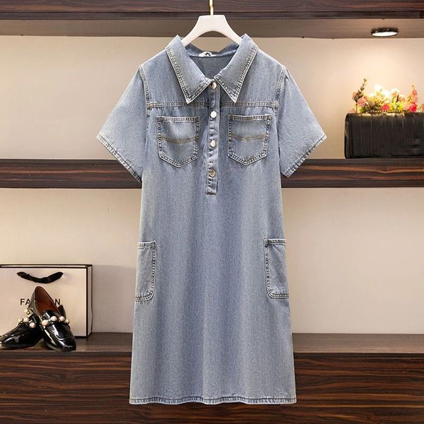 

casual dresses 150kg plus size women's summer loose vintage polo lapel breasted half placket workwear denim shirt dress 5xl 6xl 7xl 8xl, Black;gray