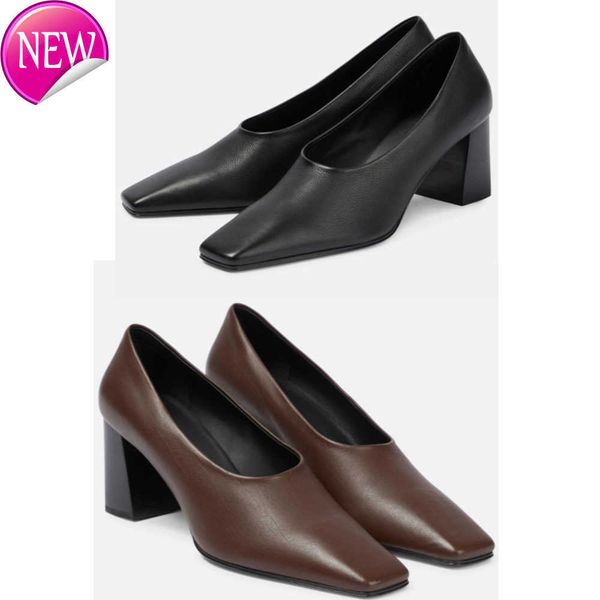 

elegant women's formal shoes fashion brand the row casual shoes italian calf leather square head thick high heels perfect women's, Black