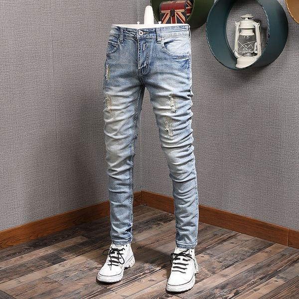 

men's jeans mens classic vintage light blue ripped jeans men fashion korean style embroidery straight slim fit denim pants 230316