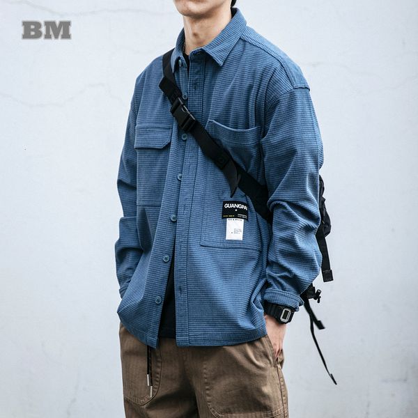 

mens casual shirts japanese streetwear waffle plaid shirts spring autumn harajuku loose casual coat korean clothes men clothing 230316, White;black