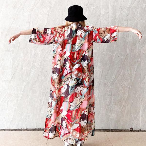 

ethnic clothing kimono women japanese haori women's cardigan streetwear shirt japan summer beach long obi, Red