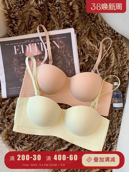 

bra strapless lingerie women's antiskid gathering small chest large thin upper and thick lower no trace no steel ring invisible text, Red;black