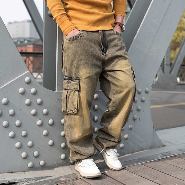 

men's jeans fashion cargo pants men's casual jeans hiphop harem trousers straigth loose baggy streetwear distressed denim clothing, Blue