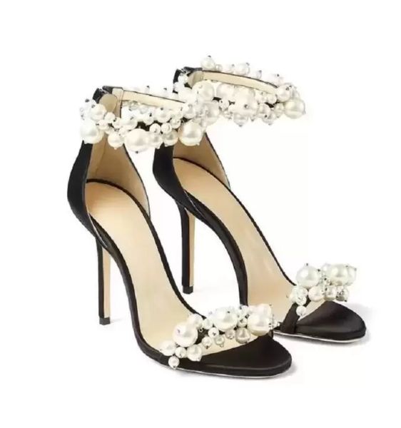 

elegant bridal wedding dress sandals shoes perfect maisel lady high heels women's pearls straps summer sandalias with box eu 36-43 perf, Black