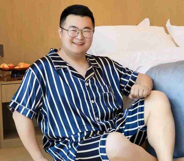 

men's sleepwear summer men ice silk pajamas plus size 6xl 7xl cartoon floral dot short sleeve sleepwear homewear pajamas set comfortabl, Black;brown