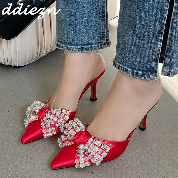 

rhinestones woman high heels pumps shoes 2023 designer luxury ladies crystal sandals mules fashion butterfly knot female slides 0316, Black
