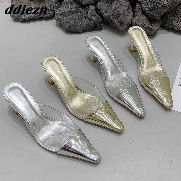 

transparent gold ladies high heels sandals slides in new 2023 luxury women pumps shoes casual fashion female slippers mules 0316, Black