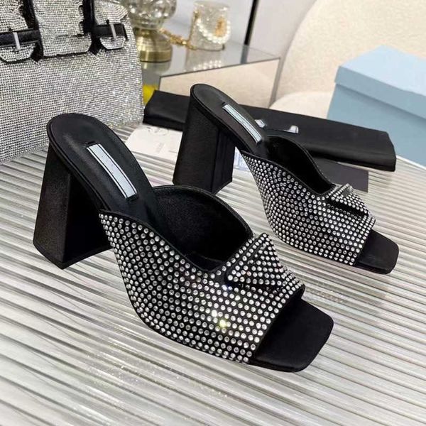 

spring autumn style slippers womens slides high heels shoes factory footwear rhinestone real silk chunky block slip-on open toe luxury desig, Black