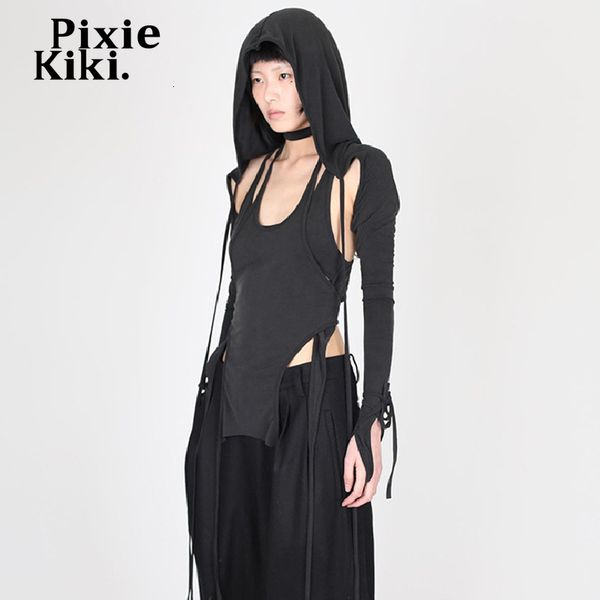 

women's t-shirt pixiekiki fairy grunge long sleeve hooded crop y2k streetwear strappy asymmetrical trendy t shirts for women p71-ch30 2, White