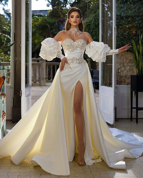 

charming plus size mermaid wedding dresses for bride with long train half sleeves high side split sweetheart applique lace draped pleats bri, White