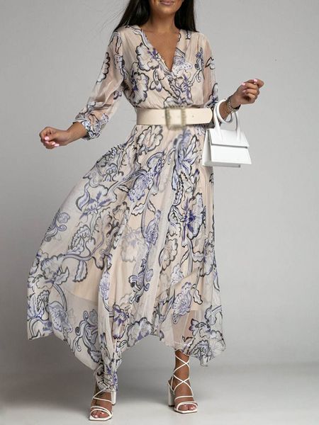 

casual dresses lady elegant summer boho print irregular long dress fashion half sleeve v neck chiffon a line dress casual office women dress, Black;gray