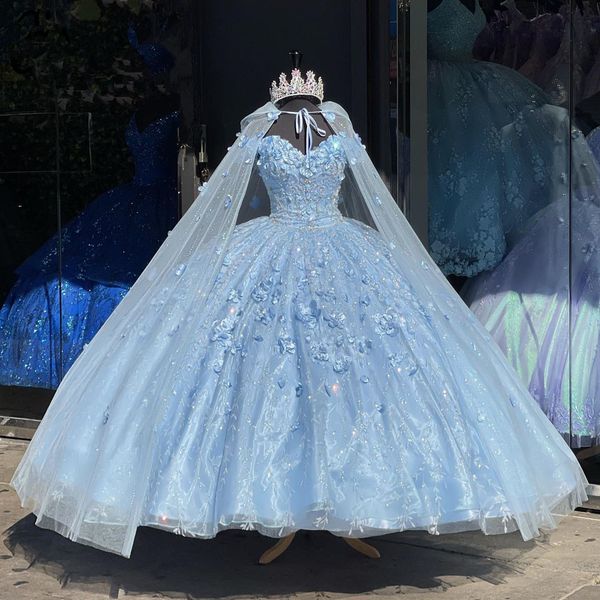 

sky blue cinderella princess quinceanera dresses with cape off shoulder 3d floral lace-up corset vestidos de 15 quinceanera, Blue;red