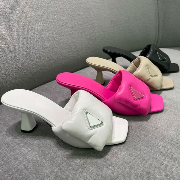 

classic triangle buckle middle heel down slippers summer designer fashion cartoon big head flops leather lady slides women shoes l bath ladi, Black