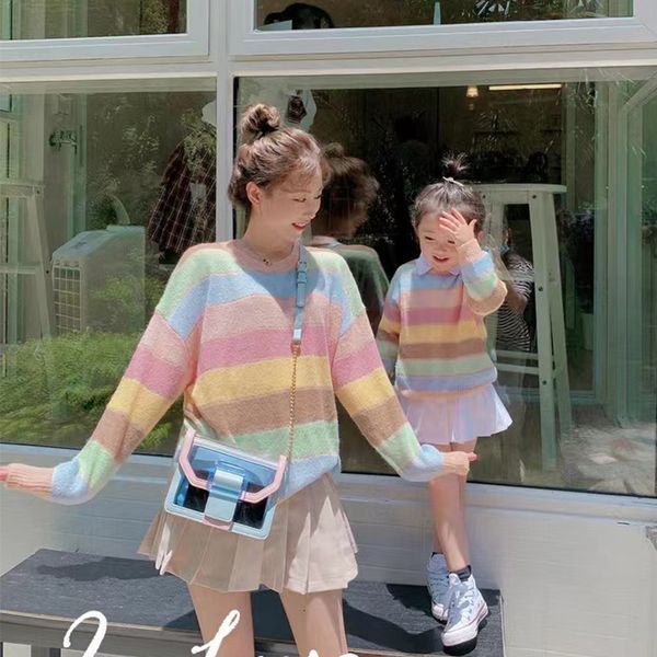 

family matching outfits mother and daughter sweater mom baby girl matching family knitted jumper women's sweaters fashion rainbow kids, Blue