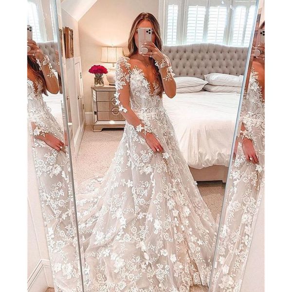 

elegant a-line wedding dresses long sleeves bridal gown v neck beads appliqued lace beach custom made sweep train, White