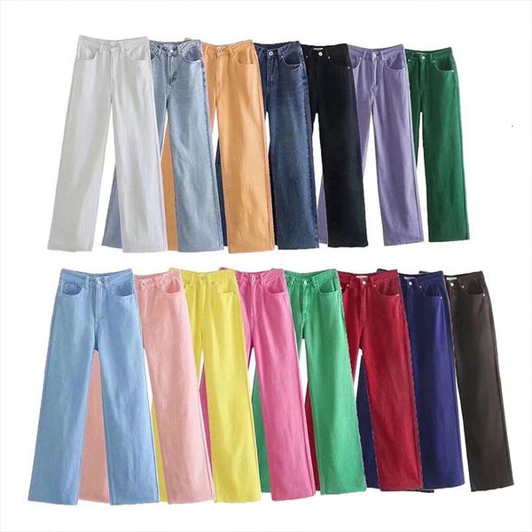 

womens jeans zatrhmbm women fashion multicolor straight high waist denim jeans vintage side pocket zipper fly female trousers mujer 230314, Blue