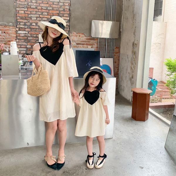 

family matching outfits summer korean fashion solid color white family matching dress mom daughter short-sleeved casual loose dress matching, Blue