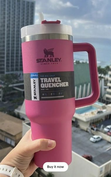 

pink 40oz stainless steel tumbler with logo handle lid straw big capacity beer mug water bottle powder outdoor camping cup vacuum insulated