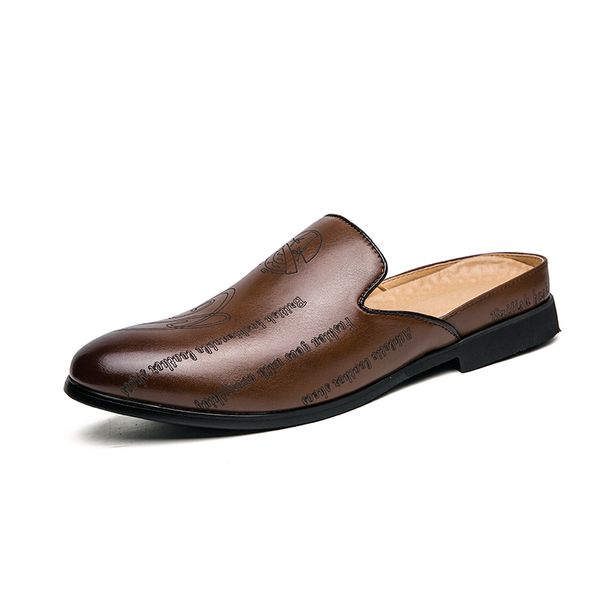 

business half slippers mens office summer trend personalized carved dress genuine leather breathable toe cap shoes zapatos, Black