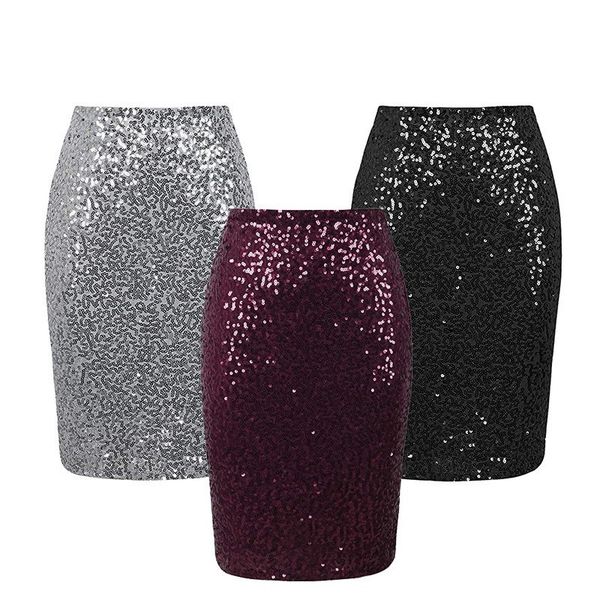 

skirts women sequins pencil skirts korean elegant mid length bodycon jupe spring femme trend high waist slim shinny skirt club 230314, Black