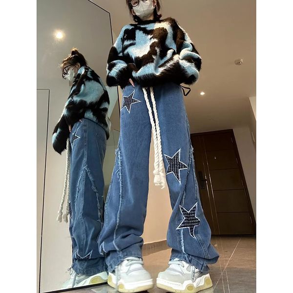 

womens jeans straight denim jeans women high waist star pattern print patchwork long trousers y2k fashion streetwear baggy pants women 23031, Blue
