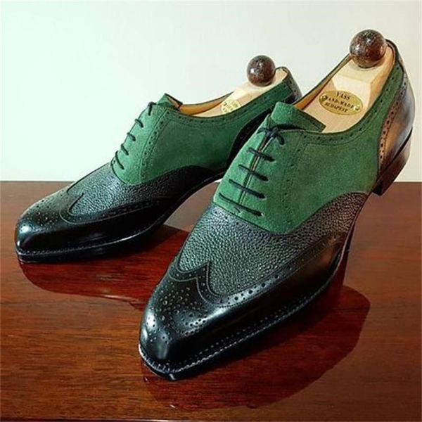 

men brogue shoes green brown fashion breathable lace up patchwork business chaussure homme men shoes ing, Black