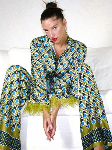 

womens two piece pants long sleeve plaid feather pants 2 piece sets women lapel blouses suits ladies spring high waist stright pants pajamas, White