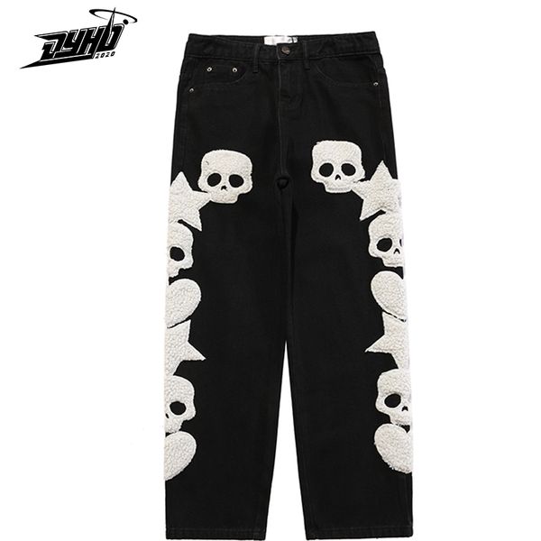 

men's jeans vintage pocket skull embroidery straight cargo pants men and women oversize jeans trousers harajuku streetwear denim pants, Blue