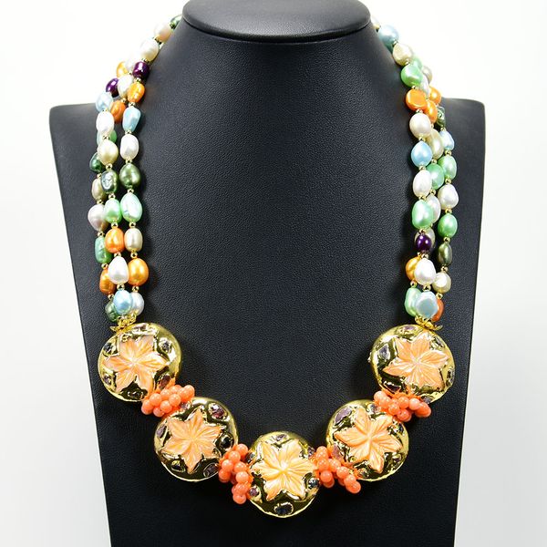 

multi color keshi pearl necklace beaded orange sea shell carved flower paved tourmaline statement necklace for party, Silver