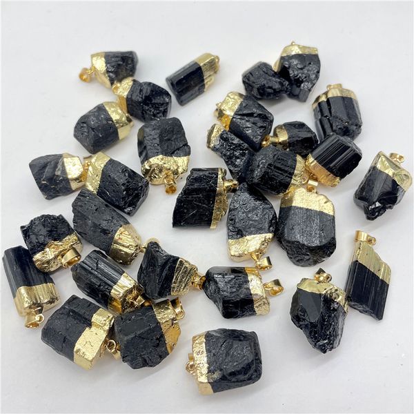 

natural gem stone charms black raw ore tourmaline gilt irregular shape pendant reiki healing energy jewelry making necklace, Bronze;silver