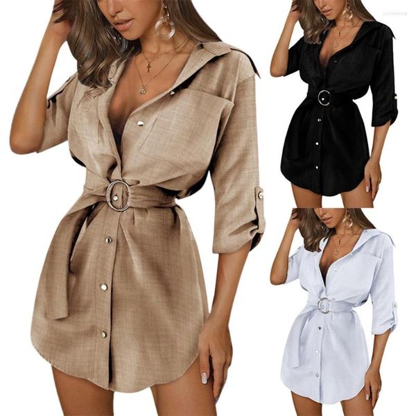 

cotton linen shirt dress women boho waist belt v neck half sleeve sundress streetwear a line vestidos, Black;gray