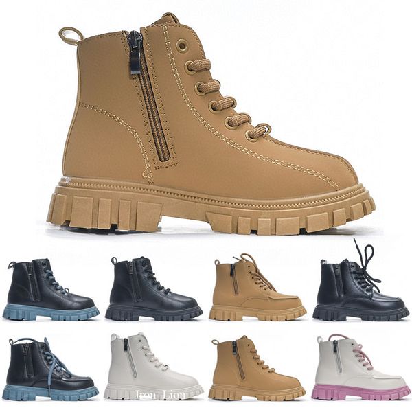 

2024 boots ankle kids shoes biker platform flats combat low heel lace-up booties leather buckle women luxury factory, Black