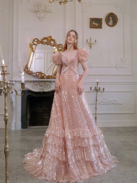

vintage prom dress pink sequined bow v neck puff sleeve cake pearl zipper a line floor length glitter fairy evening party gowns, Black