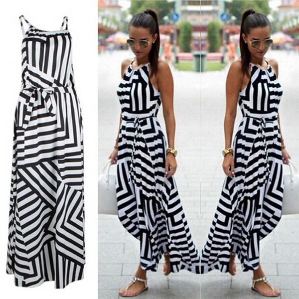 

casual dresses summer maxi long dress fashion women boho striped sleeveless beach style strap sundress vestidos for female bigsweety 230316, Black;gray