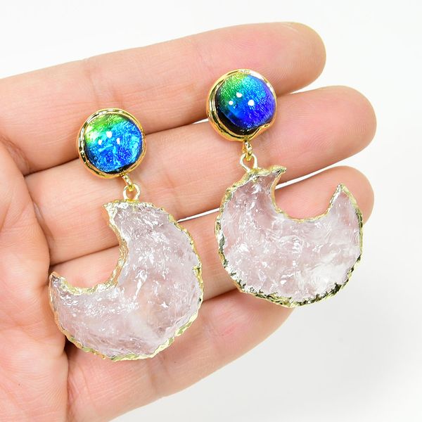 

clear crystal quartz rough raw crescent dangle moon with gold trim charm blue murano glass earrings stud dangle earrings, Silver