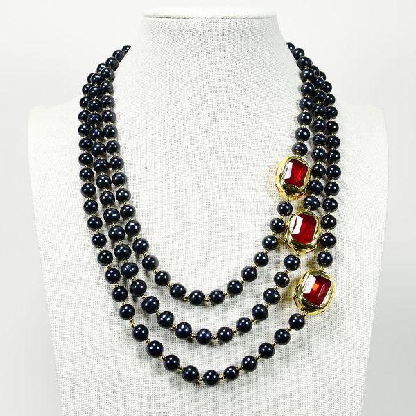 

20" 3 rows cultured black pearl beaded necklace red glass gold color plated connector chokers luxury wedding for women, Silver