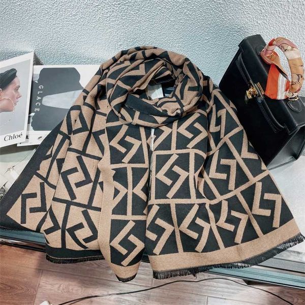 

fashion new cashmere scarf women's winter brand design double-sided letter neck net red luxury knitted shawl, White;black