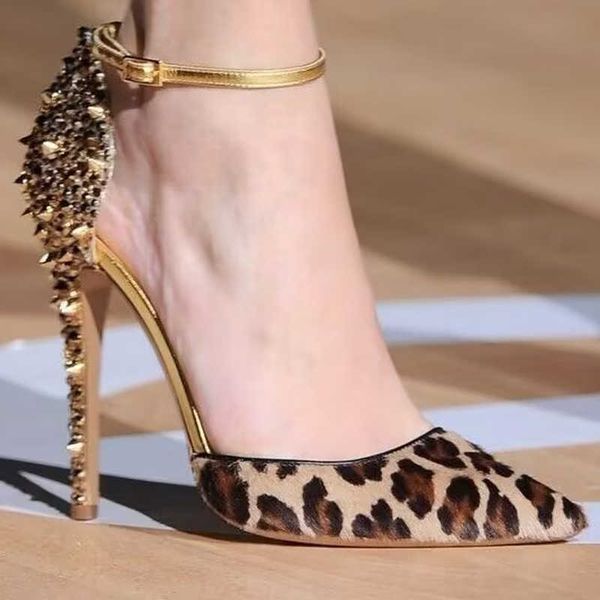 

leopard horsehair back spikes sandals rhinestone gold rivets studs stiletto high heel ankle strap banquet runway shoe woman 0316, Black