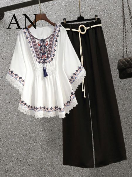 

womens two piece pants in the summer of the national style shirt jacket and wideleg pants twopiece suit set of two fashion pieces for women, White