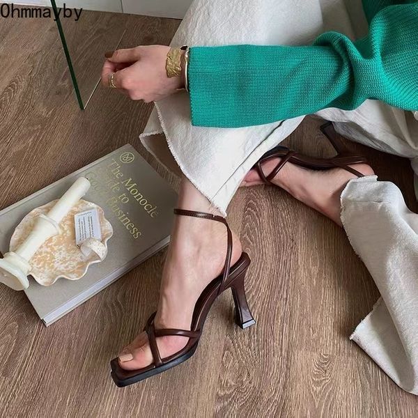 

sandals summer narrow band heel sandals women thick heel 7 cm ankle strap fashion square toe ladies dress sandalias womens shoes 230316, Black
