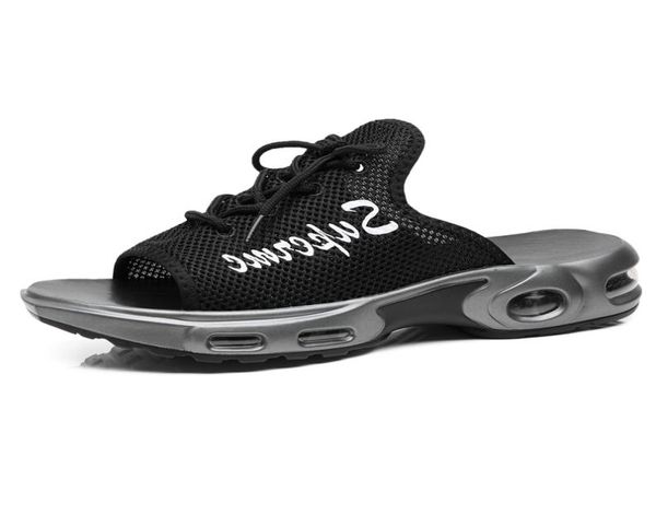 

air cushion slippers men vacation wearproof antiskid slipper with soft sole mesh slipper hollow shoes for summer lace up slippers 7776793, Black