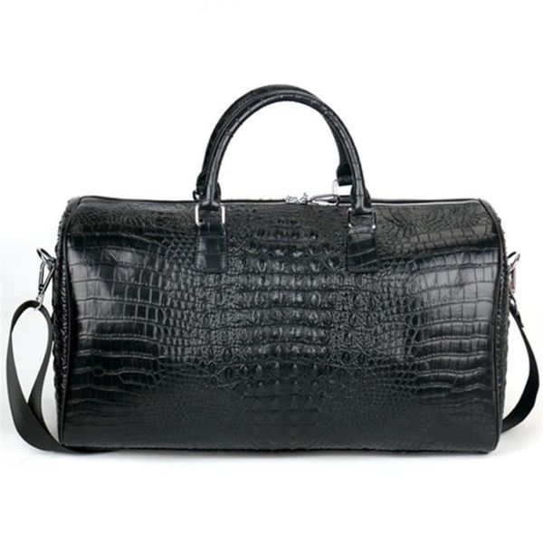 

male genuine leather travel bag large crocodile pattern big fitness handbag luggage drums shoulder business computer bags black me239n