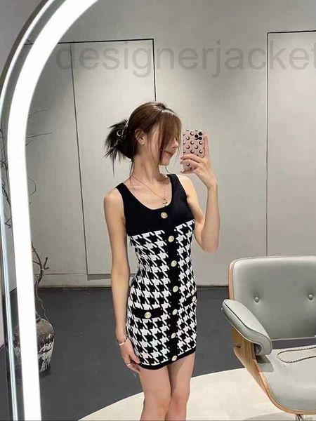 

casual dresses designer thousand bird checker waist knitted sling dress nlqx, Black;gray